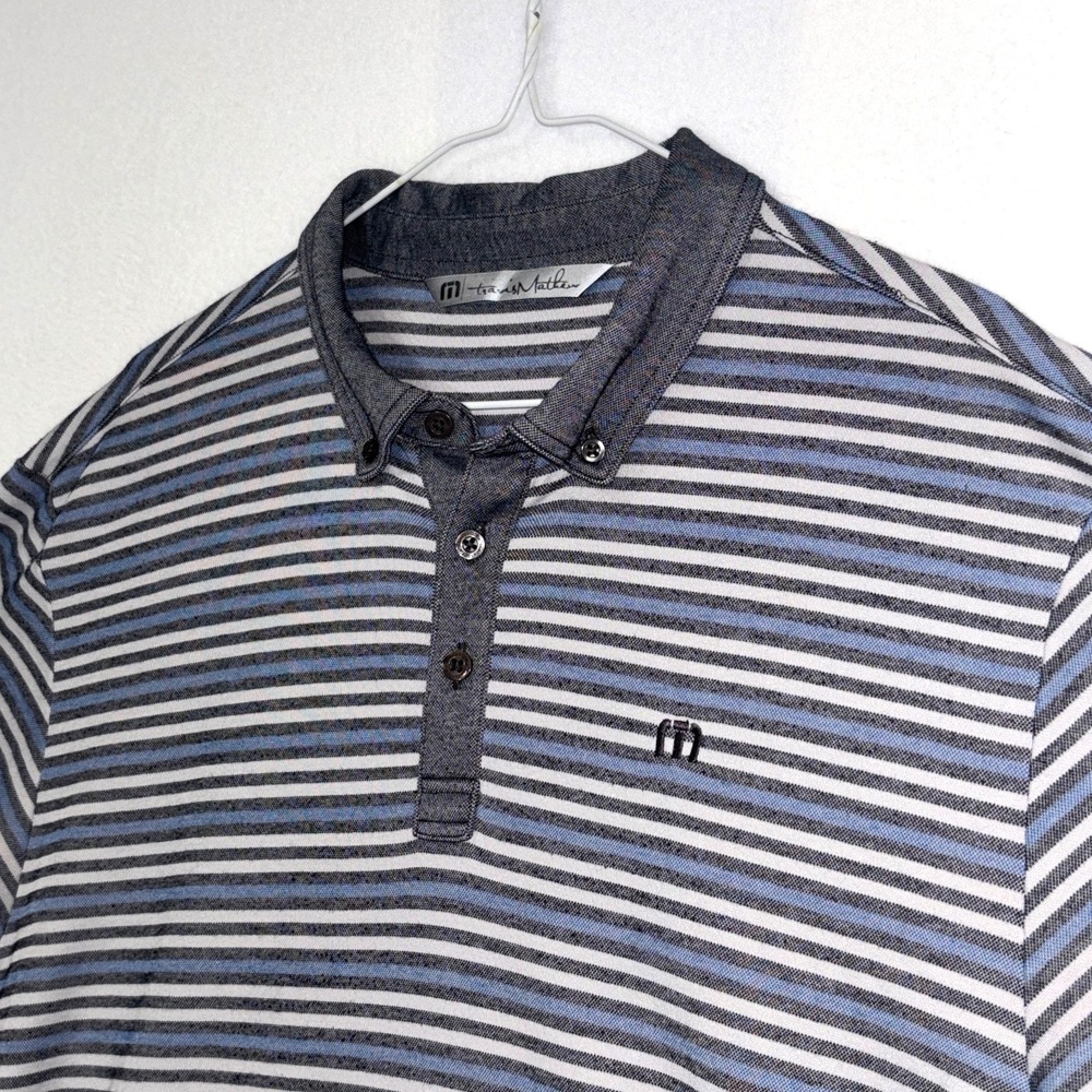 Travis Mathews Golf Polo Gray Blue Striped Men's Large Denim Collar Pima‎ Cotton